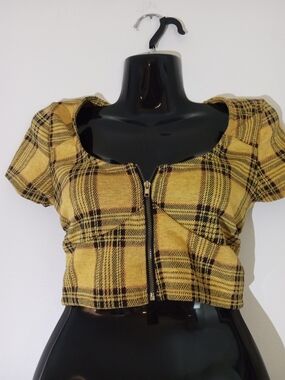 Yellow Plaid Zip Crop Top with Square Neck